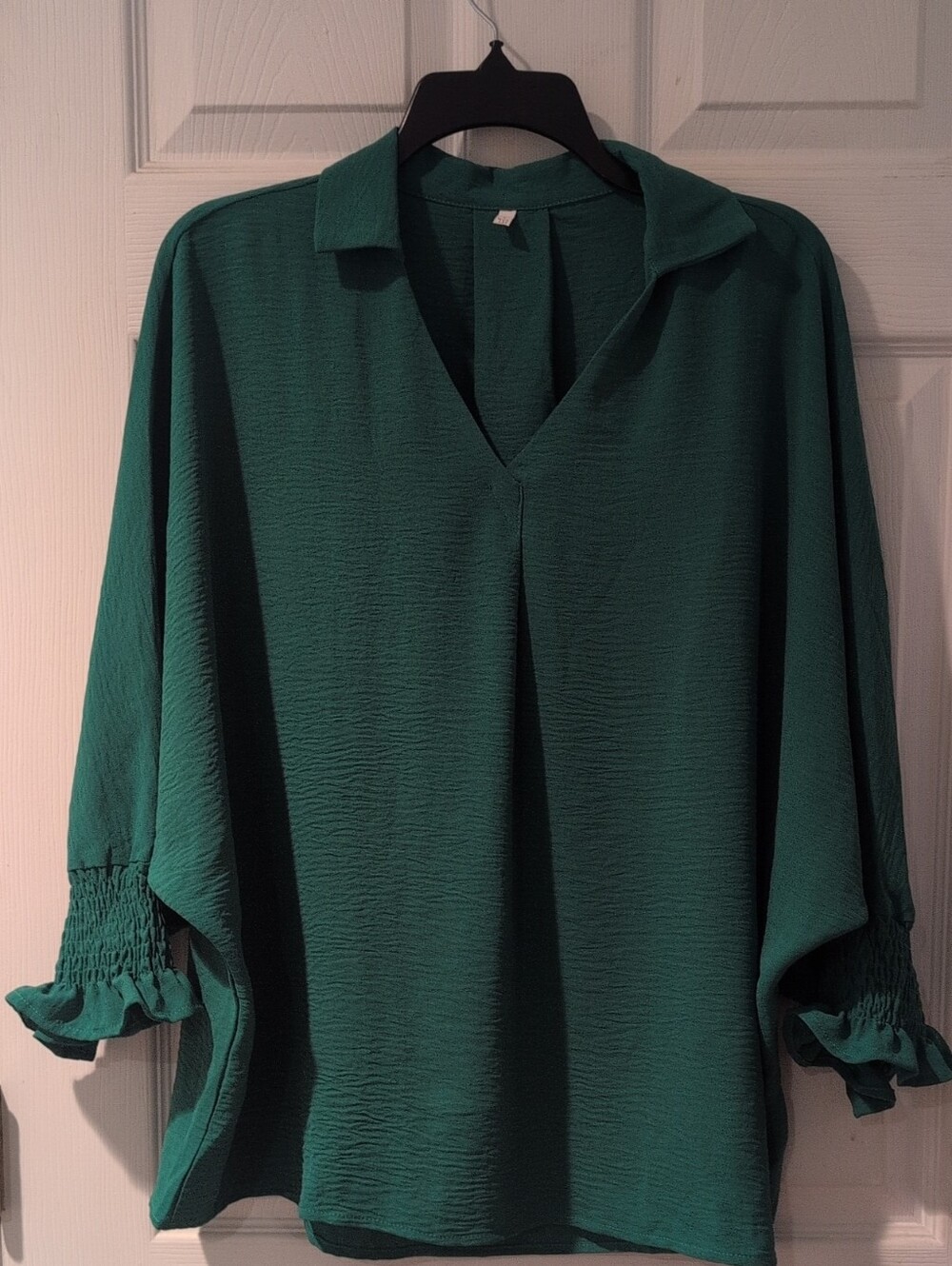 Green V-Neck Collared Blouse with Smocked Cuffs
